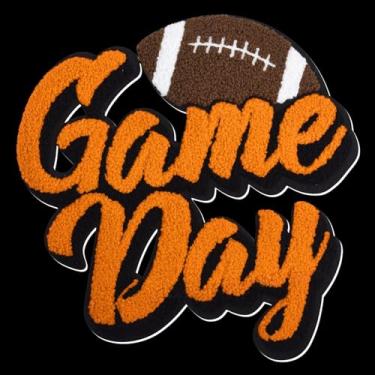 Imagem de FANCIBAND Remendos de ferro no dia de jogo, remendos de futebol americano com letras universitárias para jaquetas, moletom com capuz e camiseta (laranja)