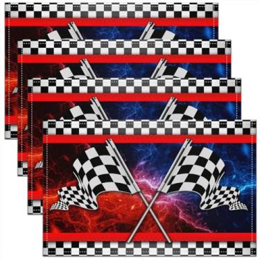 Imagem de Jogo americano de carro de corrida para meninos, conjunto de 4 tapetes de mesa com bandeira quadriculada de carro de corrida, ambientes internos e externos, estampa de relâmpago vermelho, lavável