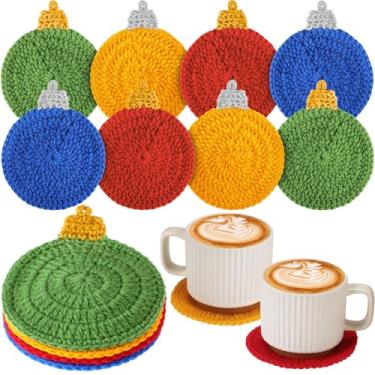 Imagem de Hahafelt 8 peças de porta-copos de crochê de bolas de Natal 10 cm feito à mão tapete de copo colorido absorvente bola de Natal conjunto de porta-copos engraçado decoração de mesa para festa de Natal