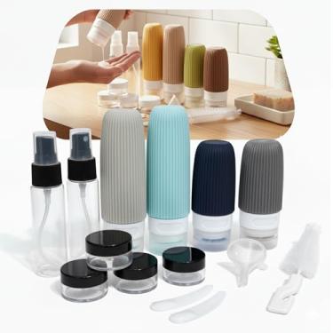 Imagem de Kit 16 Frascos de Viagem Recarregáveis Silicone Premium Antivazamento – Recipientes para Shampoo, Cremes e Cosméticos + Bolsa Transparente TSA | Organização e Praticidade em Viagens (Tons Cinzas)