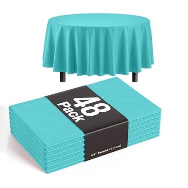 Imagem de Exquisite Toalhas de mesa redondas azuis aqua de plástico, descartáveis, pacote com 48, toalhas de mesa redondas de 213,4 cm, toalhas de mesa descartáveis, azul aqua, toalha de mesa de plástico para