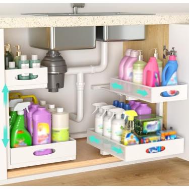 Imagem de Beleeb Organizador embaixo da pia, upgrade extralargo, pacote com 2 organizadores de armário deslizantes de metal, série de organização e armazenamento de altura ajustável, organização de banheiro