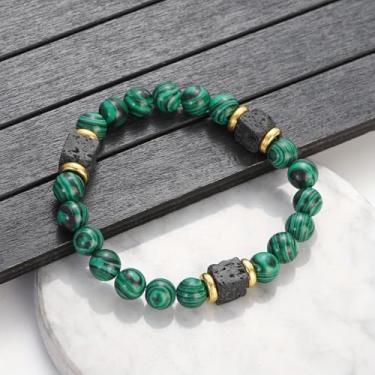 Imagem de Pulseira masculina Energy Lava Rock Tigers Eye Beads com pedras naturais elásticas de 8 mm (estilo C)