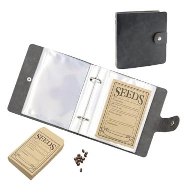 Imagem de Organizador pequeno de couro para fichário de sementes com 50 bolsos transparentes, envelopes de papel resseláveis para sementes, flores vegetais, presente de jardinagem para homens e mulheres (preto