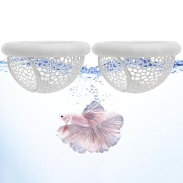 Imagem de Frstem 2 peças de rede flutuante Betta e caverna de camarão, acessórios impressos em 3D, decoração de aquário com anel de alimentação de peixes, esconderijo para Betta, camarão e aquário pequeno