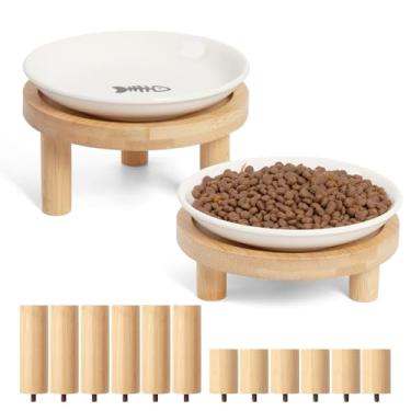 Imagem de Suporte ajustável para tigela para gatos com 2 tigelas de cerâmica – Alimentador elevado para saúde da coluna, fadiga de bigode e antivômito – Tigelas seguras para lava-louças para gatos internos em 2