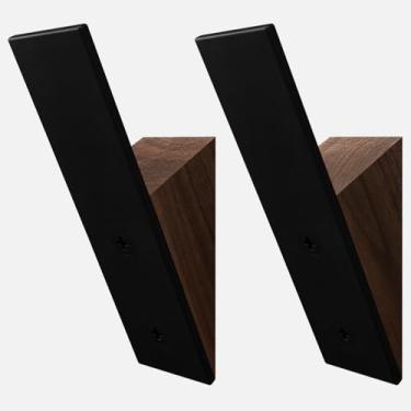 Imagem de Cabide de parede de madeira de nogueira - Conjunto de 2 - Ganchos de metal preto para pendurar casacos e chapéus