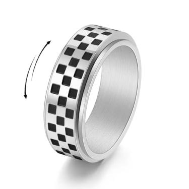 Imagem de Lyfange Checkered Fidget Ring for Men Women Gold Silver Black Fidget Spinner Ring Chunky Statement Spinning Rings Enamel Unique Calm Mood Rings Stress Relief Gift Jewelry (Silver, 8)