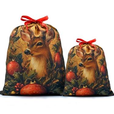 Imagem de Mshutbna Sacos de presente de Natal de veado, 2 peças, sacos de embrulho de tecido reutilizável com cordão para presentes de Natal, decorações de festa, lembrancinhas de feriado 40,6 x 30,5 x 25,4 cm