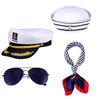 Imagem de Oukitoymer 4 peças chapéu de capitão de iate boné de navio marinheiro cachecol óculos de sol chapéu de marinheiro acessório de fantasia para festa à fantasia mulheres homens (conjunto de 4 peças)