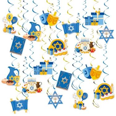 Imagem de LOONELO Decorações de redemoinhos suspensos Happy Hanukkah, 44 peças, Menorah Dreidel Chanukah, espirais de teto, córregos e cartolinas, decorações de festa festival de luzes para suprimentos de