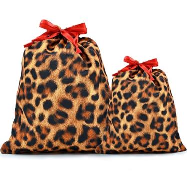 Imagem de Mshutbna Sacos de presente de Natal leopardo 2 peças sacos de embrulho de tecido reutilizável com cordão para presentes de Natal, decorações de festa, lembrancinhas de feriado 16 x 12 30 x 25 cm