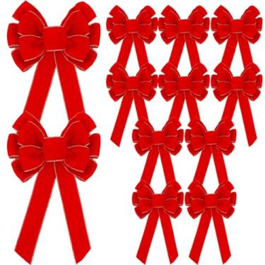 Imagem de Lenwen 12 peças grandes laços vermelhos de veludo de Natal ao ar livre grande guirlanda de árvore de Natal decorativa laços de veludo vermelho para presentes interiores e exteriores festas de Natal