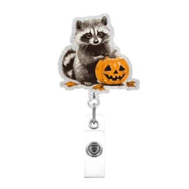 Imagem de Carretel de crachá retrátil fofo clipe jacaré Halloween guaxinim abóbora porta-crachá de identificação essenciais de enfermeira para o trabalho, porta-crachás engraçados para enfermagem, médicos