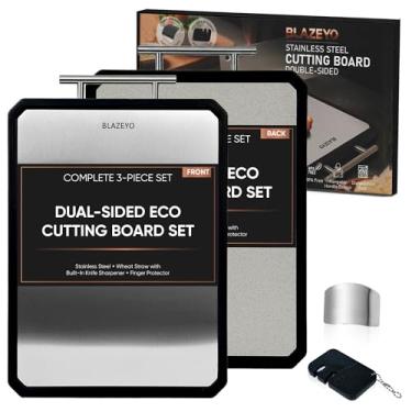 Imagem de Tábua de corte de aço inoxidável, tábua de cortar dupla face 2 em 1 para cozinha, palha de trigo não tóxica de grau alimentício PP e superfícies de aço, para carne/legumes, lavável na lava-louças