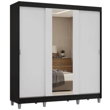 Imagem de Guarda-roupa Casal com Pés 3 Portas de Correr com Espelho Preto/branco Reno Madesa