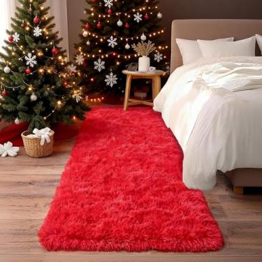 Imagem de Ailyei Tapetes macios para corredores de quarto, tapete felpudo vermelho 5 x 15 cm antiderrapante para dormitório de cabeceira, tapete peludo longo para berçário e sala de estar