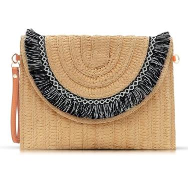 Imagem de QTKJ Bolsas clutch de palha, bolsas transversais para mulheres, bolsas de mão com borda de borla preta, pacote de envelope boêmio, bolsas adequadas para praia, viagens, combinação diária (Cáqui),