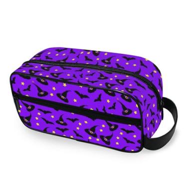 Imagem de Burbuja Chapéus de bruxa morcegos em roxo bolsa de higiene de viagem para mulheres e homens, bolsa organizadora de maquiagem portátil para acessórios de higiene pessoal com alça