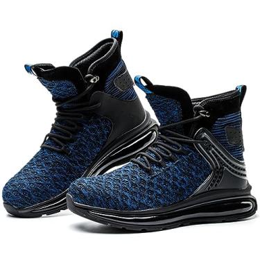 Imagem de SYLPHID Tênis masculino de bico de aço, feminino, de segurança, cano alto, com almofada de ar, leve, respirável, à prova de perfuração, Azul, 8 Women/6 Men