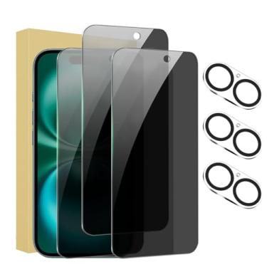 Imagem de Pacote com 3 + 3 protetores de tela de privacidade para iPhone 16 Plus com protetor de lente de câmera cobertura total, película de vidro temperado anti-espião, dureza 9H, fácil instalação, sem bolhas