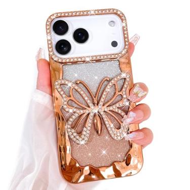 Imagem de Bonoma Capa com glitter para iPhone 17 Pro, linda 3D, diamante, borboleta, gradiente, padrão de revestimento, proteção de câmera de strass, capa traseira macia e brilhante para mulheres e meninas