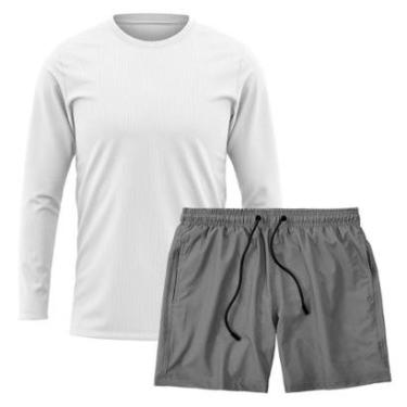 Imagem de Kit Short Praia Academia Passeio Treino Cinza + Manga Longa Masculina Segunda Pele Dry-Masculino