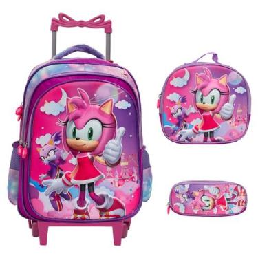 Imagem de Kit Mochila Escolar Menina Amy Rose Sonic 3D Rodinhas Tam G - TOYS 2U