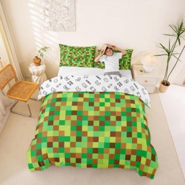 Imagem de Manfei Conjunto de capa de edredom Pixelated Grid tamanho casal, conjunto de cama geométrico com blocos camuflados, 3 peças para decoração de quarto, gamepad mineiros, jogo de cama infantil, capa de