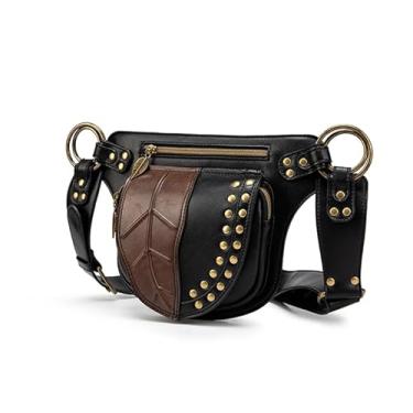 Imagem de SandraWang Bolsa de cintura de couro estilo renascentista com design de folha, pochete retrô com detalhes dourados | verde | vermelho | laranja | café, Café, Renascentista