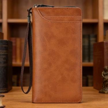 Imagem de Carteira masculina executiva marrom claro com fivela longa de camurça fosca de grande capacidade, design longo de negócios com fivela, camurça de grão fosco e espaço de armazenamento de grande