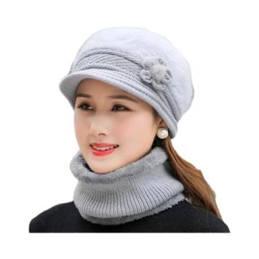 Imagem de Conjunto de Chapéu e Cachecol de Inverno Feminino - Malha Forrada com 