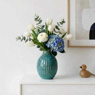 Imagem de hjn Vaso de cerâmica - Vaso azul-petróleo para decoração de casa, vaso de flores para centros de mesa, vasos de decoração moderna para sala de estar/estante/cornija/detalhes de decoração de casa