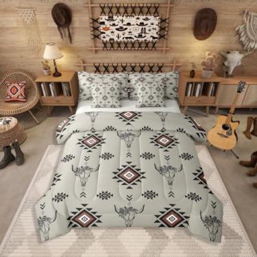 Imagem de Jogo de cama king com 7 peças asteca do sudoeste, cama rústica de caveira de touro, preto, marrom, cinza, tribal, inclui edredom, conjunto de lençol, fronhas e fronhas, decoração de quarto geométrica