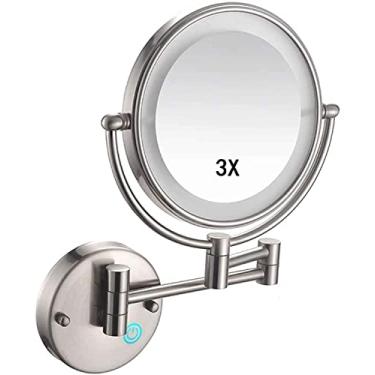 Imagem de CZCZC Espelho de maquiagem montado na parede, espelho cosmético com luzes e ampliação 3X, espelho de banheiro 20 cm redondo espelho de maquiagem rotação 360, para banheiro, hotéis, recarregável por