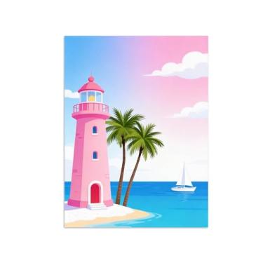 Imagem de Pôster paisagem - Mar Farol Rosa - Impressões em Tela - Imagem Moderna Natureza para Sala de Estar Decoração 40x50cm Sem Moldura