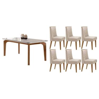 Imagem de Sala Jantar Mesa Londrina Tampo c/ Vidro Curvo 180cm+6 Cadeiras Dafne Madeira Naturale/Off White - Capuccino/Suede Creme - Rufato
