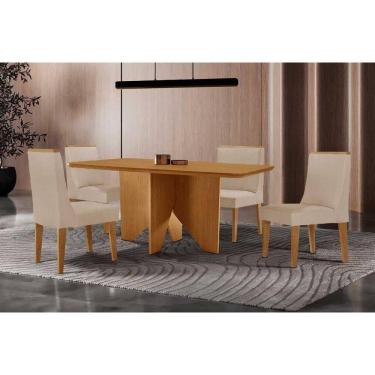Imagem de Sala Jantar Mesa Nevada Tampo Curvo 120cm+4 Cadeiras Dakota Madeira Naturale - Capuccino/Suede Creme - Rufato