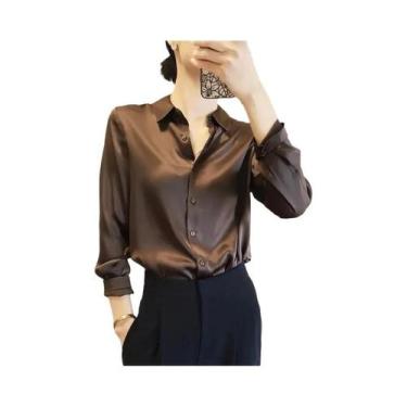 Imagem de Blusas Femininas Elegantes com Manga Longa, Acabamento em Cetim e Botõ