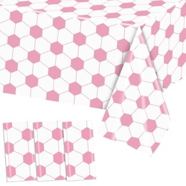 Imagem de Pacote com 3 toalhas de mesa para festa de futebol, decoração de festa temática esportiva, toalha de mesa de plástico rosa descartável para celebrações de dia de jogo, fãs, eventos esportivos, artigos