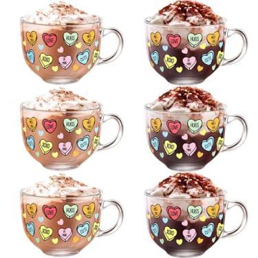 Imagem de Sliner 6 peças de canecas de café de vidro coração dos namorados com alça, 473 ml transparente amor conversa canecas copos copos irlandeses para presentes de dia dos namorados bebidas latte chocolate