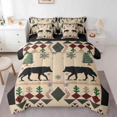 Imagem de Homewish Jogo de lençol King reversível com estampa de animais de fazenda rústica, pinho verde, flocos de neve, Natal, flocos de neve e edredom, lençol com elástico e lençol de cima