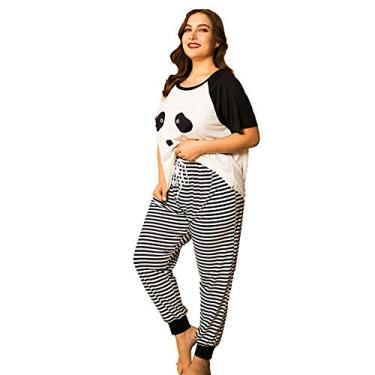 Imagem de HHHJQFAAT Pijamas plus size feminino camisola desenhos animados panda bonito pijama tops e calças femininas roupas de casa roupa de banho roupa de dormir (preto 4X)