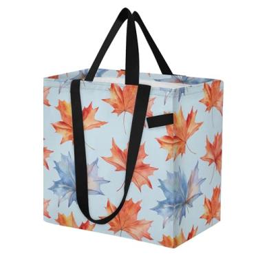 Imagem de SEHANY Sacola reutilizável de folhas de bordo aquarela com alças reforçadas, bolsa de compras de lona dobrável à prova d'água de grande capacidade para viagem, cozinha, praia