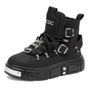 Imagem de CTKVbmeoi Botas masculinas de combate gótico | Botas de tornozelo com tira de fivela grossa | Plataforma enfeitada com rebite | Design de zíper lateral com cadarço | Moda punk streetwear (preta, 12,5)