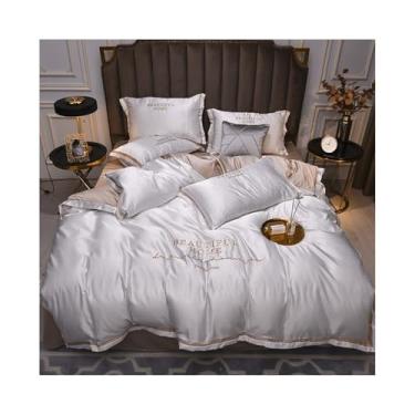 Imagem de Conjunto de cama King Queen de cetim de luxo, cor pura, 4 peças, capa de edredom de rayon sedoso macio com zíper (branco, tamanho Queen 4 peças)