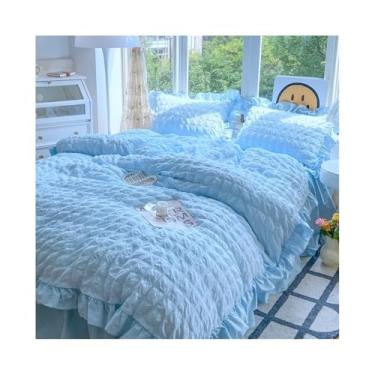 Imagem de Conjunto de cama 3/4 peças Boho Chic Ruffled Seersucker macio e leve capa de edredom lençol de cama/fronhas de saia (azul, solteiro 150 x 200 3 peças)