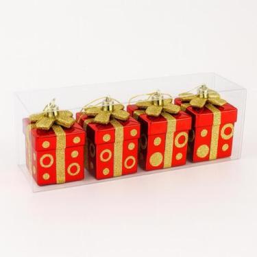 Imagem de 4 Enfeites Mini Presentes De Natal Vermelho 7X5Cm Premium - Evolution
