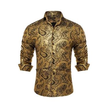 Imagem de Camisa De Seda Slim Fit Para Homens Com Estampa Paisley, Manga Longa, 