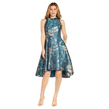 Imagem de Adrianna Papell Vestido feminino de jacquard alto baixo frente única, Azul escuro/dourado, 36